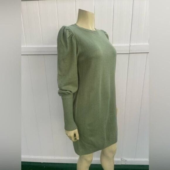 Wayf Sage Green Puff Long Sleeve Knit Sweater Dress Crew Neckline Size S - Picture 3 of 11